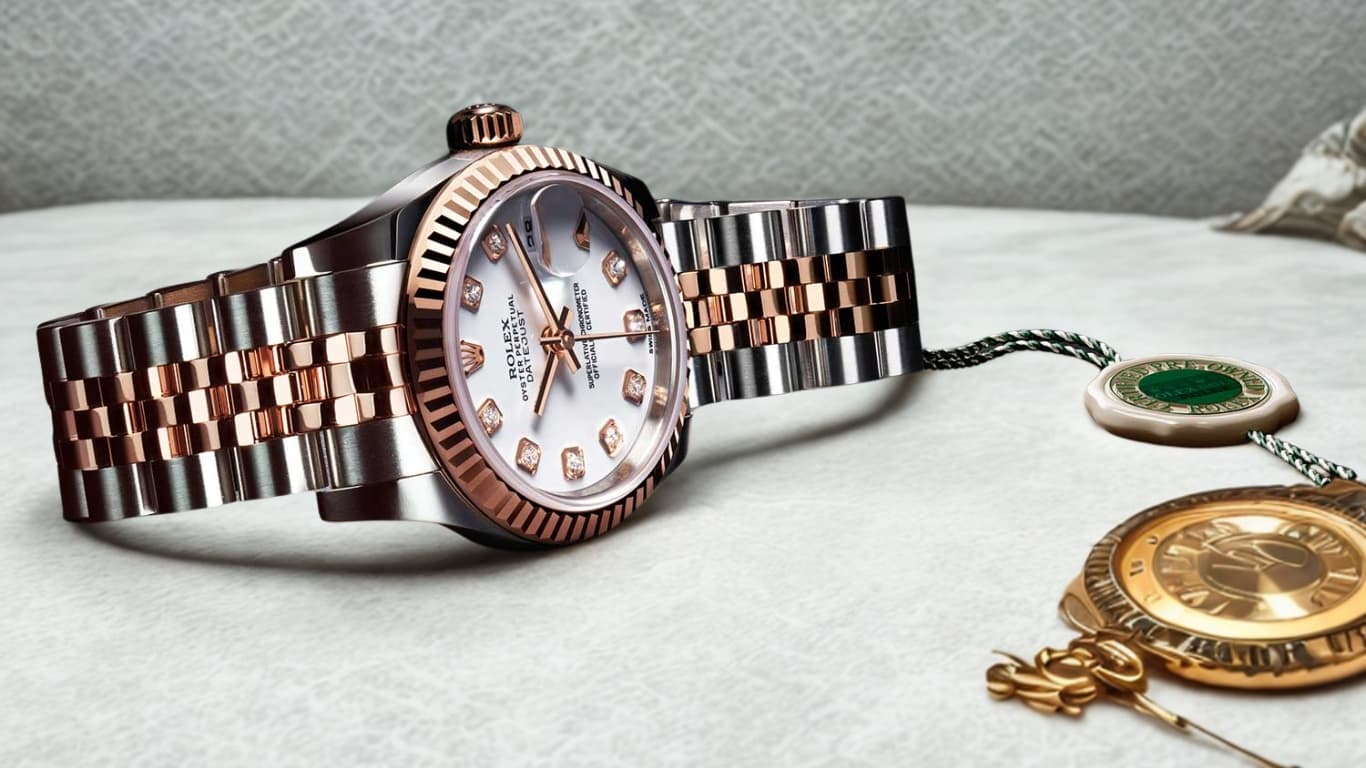 A two tone Rolex Datejust resting beside its green Rolex certification seal and hang tag.