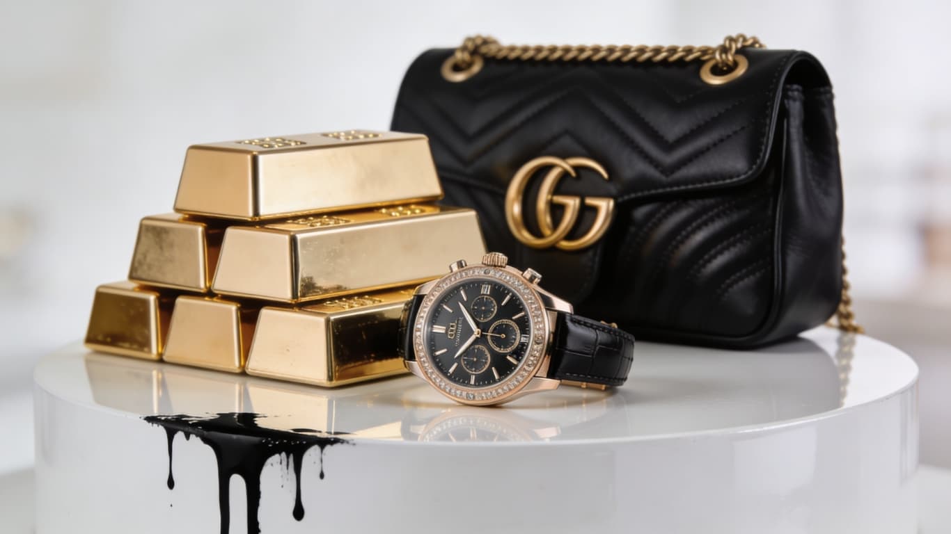A still life of gold bullion, a quilted designer handbag, and a luxury wristwatch — the canonical symbols of mass-aspirational luxury at the moment its model has exited sixty million consumers.