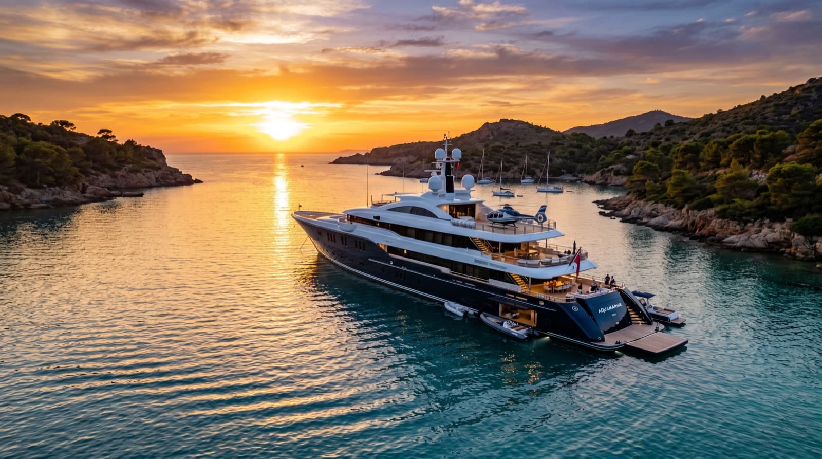 A crewed superyacht anchored in a quiet cove at sunset with a helicopter on the upper deck