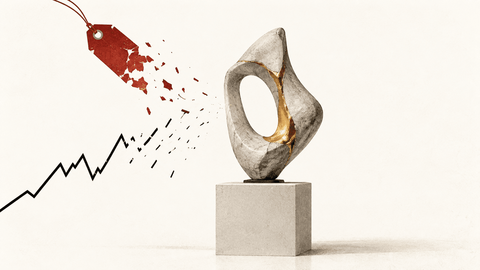 A singular sculptural object stands beyond a dissolving valuation chart and auction price tag.