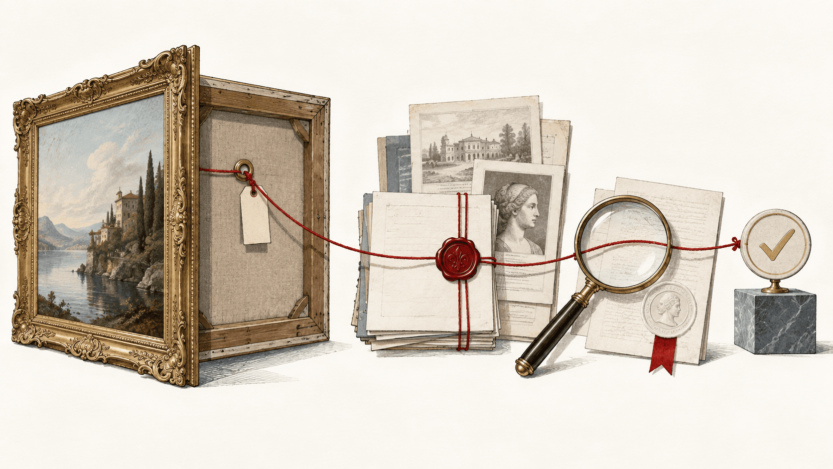 An artwork connected by a red thread to provenance records, verification papers and a magnifying glass.